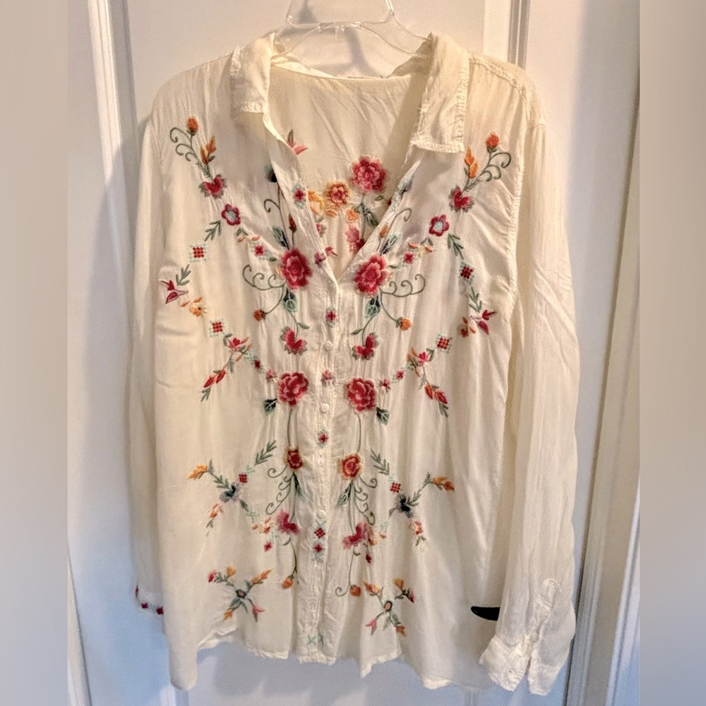 Embroidered Johnny Was Floral Cream Blouse
